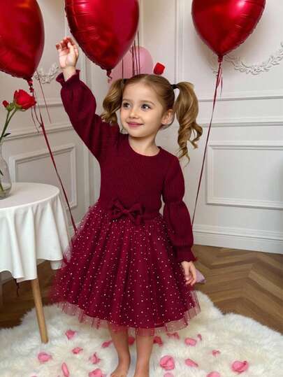 BASUSARRI Mädchen Tüll Tüll Rock Kleid, Rundhals Langarm Schleife Mode Elegantes Kleid für Party, Geburtstag, Herbst/Winter