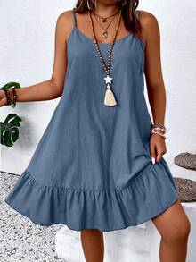 Enliva Abito a spalla larga con volant per taglie comode, monocromatico, per l'estate - Blu - Visualizzare 5