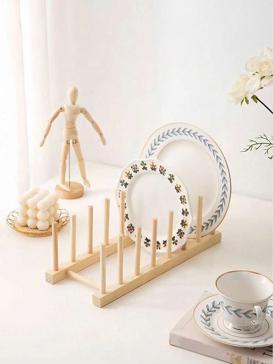 1Pc Bamboo Wooden Plate Racks Dish Stand Holder Kitchen Storage Cabinet Organizer For Dish/Plate/Bowl/Cup/Pot Lid/Cutting Board,Kitchen Dish Storage Rack