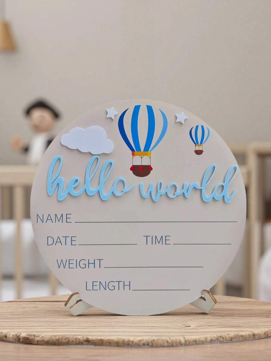 1 peça de adereços para fotografia de recém-nascidos, placa de anúncio de nascimento de bebê "OLÁ, MUNDO", placa de madeira para anúncio de nome de bebê, itens memoriais para bebês, presentes de Páscoa para chá de bebê, meninas/meninos - Dois balões de ar quente azuis - Ver 1