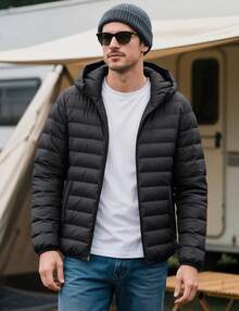 KEFITEVD Men's Lightweight Jacket With Hood Water Resistant Windproof Insulated Jacket Quilted Lined Winter Coats - Black - View 4