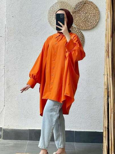 Women's Modest Orange Woven Batwing Long Sleeve Shirt Collar Top With Button Details Regular Length