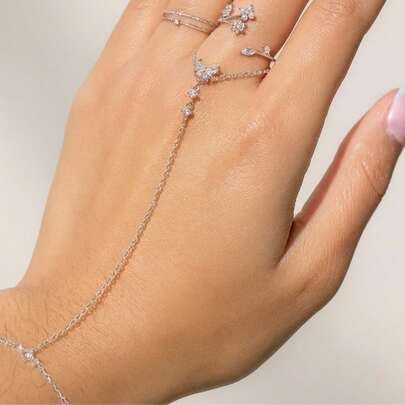 金色花朵手链，女士水晶戒指手链，波西米亚仙女风配饰，适合夏季派对装扮