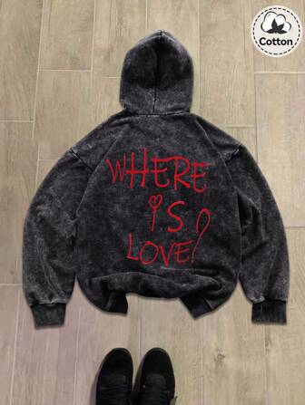 Heren sweatshirt met capuchon en "Where Is Love"-patroon, herfst en winter, licht rekbaar, gewassen met water om oude katoenen zwarte trui met lange mouwen en rits te maken, casual dagelijkse jas voor de start van het schooljaar