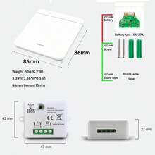 Este control remoto inalámbrico, con un receptor y dos interruptores, proporciona control inteligente de luminarias y electrodomésticos. Ideal para diversos entornos, como hogares, granjas, fábricas, oficinas, laboratorios y supermercados, puede operar remotamente cualquier dispositivo conectado al receptor, como lámparas, sistemas de iluminación, ventiladores, trituradores de basura y enchufes inalámbricos, y transmitir señales. - Blanco - Ver 3