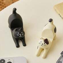 Stretching Cat Phone Holder, Desktop Decor Artwork, Phone & Tablet Stand, Black, White Resin, Both Black Cat And White Cat Are Good Cats