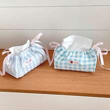 Korean Ins Style Drawstring Tissue Box, Blue & White Plaid Fabric Storage Bag, Atmosphere Decor For Desk, Suitable For Coffee Table, Dining Table, Car - Simple & Fashionable Home Essential - Multicolor - View 7