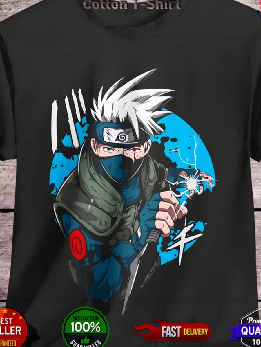 Kakashi Shirt Shippuden Sasuke Itachi Anime Unisex Tee T-Shirt All Size (3) - 黑色 - 查看 1