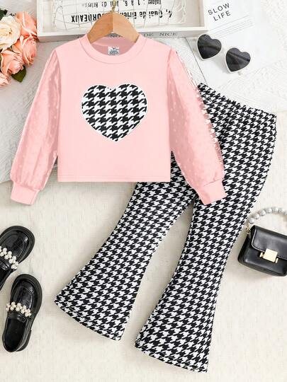 2pcs Girls' Fashion Outfit Set, Includes Heart & Houndstooth Print Long Sleeve Top With Mesh Sleeves & Matching Houndstooth Flared Elastic Waist Pants, Elegant & Versatile For Outdoor, Party, Comfortable Daily Casual Wear, Spring/Autumn
