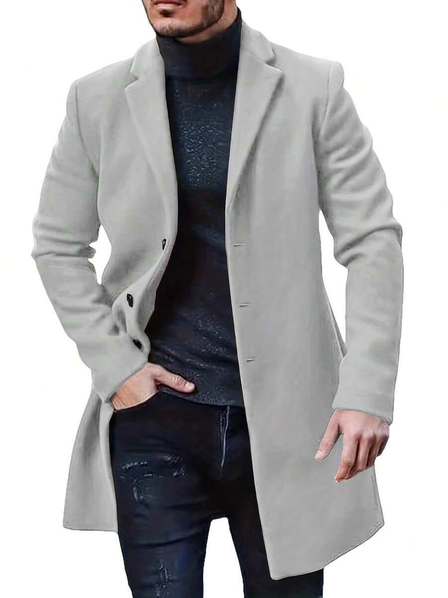 RANTAR Mens Trench Coat Slim Fit Notched Collar Fall Winter Single Breasted Pea Coat Warm Soft Overcoat - 淺灰色 - 查看 1