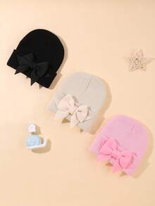 3 Top Bow-Knot Baby Knitted Hat, Suitable For Daily Casual Wear For Baby Girls, Black, Khaki And Pink Color Matching, Autumn And Winter. - 彩色 - 查看 3