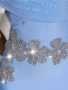 新款针织绷带露肩连衣裙，手工串珠，性感修身开衩下摆，适合家庭聚会、派对、宴会、鸡尾酒会 - 淺藍色 - 查看 9