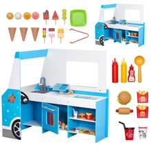 Ice Cream Cart For Kids, 20+ PCS Ice Cream Truck Wooden Playset, Pretend Play Stand With Steering Wheel & Chalkboard, Payment Scanner & Freezer, Faucet & Sink, Suitable For Kids 3-7 Years Old - 彩色 - 查看 8