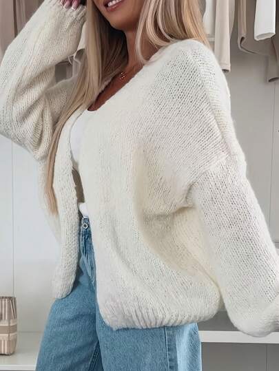 Women's Casual Loose Front Cardigan Sweater, Solid Color Long Sleeve Cropped Knit Cardigan, Ribbed Texture Soft Fuzzy Warm Sweater, Low Elasticity, Suitable For Outdoor And Indoor Wear White
