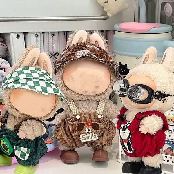 (Doll Clothes Only) For LABUBU Doll Clothes Labobo Blind Box 17cm Sitting Party LBB Resin 1st/2nd/3rd Generation Outfit Set With Suspender Pants, Accessories, Fashion Casual Suit