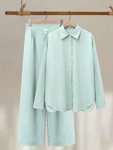 Damen Lässig Mode Herbst/Winter Neu Perlenknopf einfarbig Stehkragen Langarm Hemd kombiniert mit vielseitiger Weite Hose Set, geeignet für Ausflüge, Arbeit, Veranstaltungen, elegante und stilvolle Pendlerkleidung, eine ideale Wahl für Damen Herbstbekleidung, Halloween Kostüme, Berufskleidung, Hochzeitsgast Kleider, Damen Hemden mit Knopfleiste und Damen Weite Hosen. - hellgrün - Übersicht 5