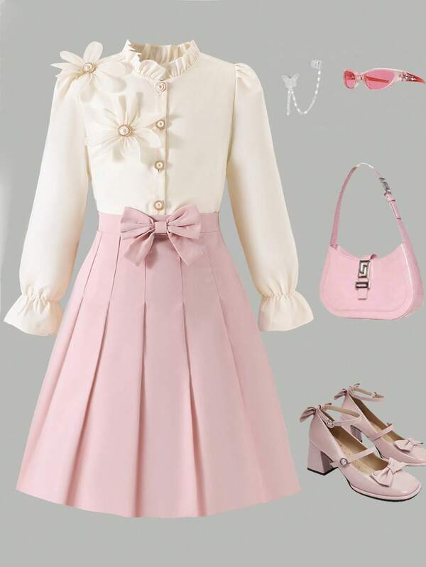 Girls' Academy - Style Two - Piece Set, Floral - Embellished Ruffle - Neck Top, Bow - Belted Pink Skirt, Elegant School Outfit