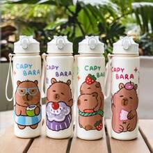 1pc Cute Water Bottle With Water Vole/Capybara Theme Print, 23oz Plastic Sports Water Bottle With Lid, Straw And Lanyard, Portable For Outdoor Sports, Hiking, Travel, Camping, Holiday & Halloween Gifts