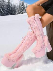Women Knee High Boots Warm Faux Furry Chunky High Heel Platform Luxury Halloween Punk Goth Cosplay Fuzzy Snow Boots - 粉色 - 查看 3