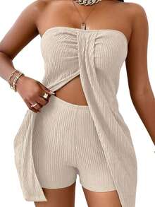 Women's Summer 2 Pieces Outfits Front Slit Strapless Sleeveless Tube Tops And Shorts Set For Casual Wear