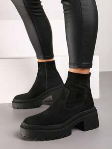 Chelsea Boots With Thick Sole And Wedge Heel, Elastic Vamp - Black - View 1
