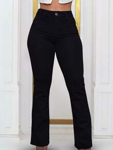 Black Flare Jeans, Premium Style, Women's, High Waist, Wide Leg, Relaxed, Bell Bottom, Elastane, Blogger - Black - View 1