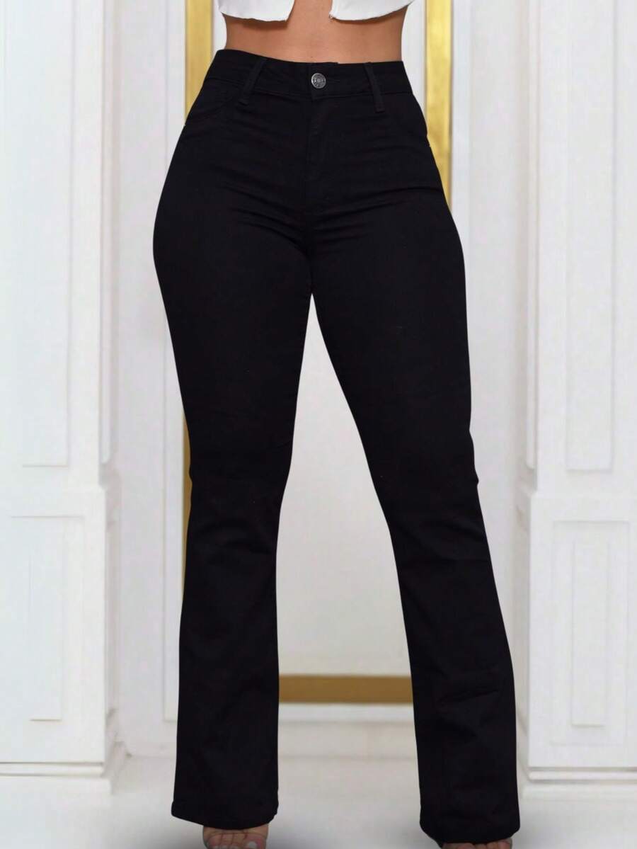 Black Flare Jeans, Premium Style, Women's, High Waist, Wide Leg, Relaxed, Bell Bottom, Elastane, Blogger - Black - View 1