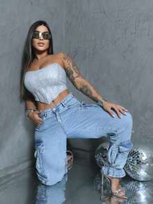 Cropped Corset With Ribs And Shiny Strapless | Ties At The Back Fashion 2025 Summer/Carnival/Party - Silver - View 2