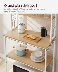 VASAGLE Étagère de Cuisine, Étagère pour Machine à Café, 6 Étagères, 6 Crochets, pour Four à Micro-ondes, Cadre en Acier, Style Industriel, 40 x 80 x 167 cm, Doré Chêne et Blanc Nuage - Blanc - Voir 4