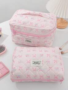 1 Pieza Bolsa de maquillaje con lazo, bolsa de almacenamiento de maquillaje de gran capacidad con asa, estilo acolchado simple, bolsa de maquillaje multifuncional, bolsa de viaje de tocador, bolsa de tocador estética de viaje, bolsa de almacenamiento de herramientas de belleza, bolsa de cosméticos para regalos, regalos para mujeres, bolsa de viaje, artículos esenciales de viaje, bolsa de mamá e hija