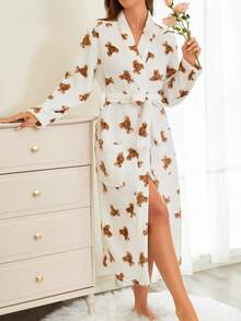 1pc Women's Brown Bear Print Fluffy Robe, Elegant & Fashionable, Thick & Warm For Autumn/Winter, Comfortable For Outdoor, Vacation, And Home Wear, Fall Winter, Cozy - Multicolor - View 7