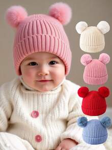 1 pieza Gorro de bebé recién nacido de punto, gorro de bebé para niñas y niños, gorro de lana gruesa, gorro con pompones, gorros de punto sólidos, accesorios para recién nacidos, cosas para mantener caliente, gorro para niños pequeños - Doble bola - Ver 1