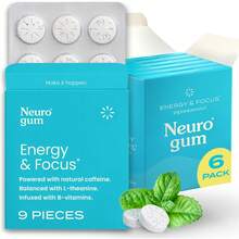 NeuroGum Energy & Focus Gum (54 Count-6 Pack, Peppermint) |   40mg Natural Caffeine + L-Theanine + Vitamin B12 & B6 + Xylitol |   Sugar Free Nootropic Cognitive Brain Performance Supplement - Đa dạng - Xem 8