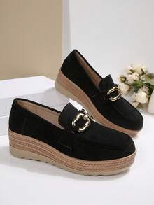 1 双女士一脚蹬乐福鞋，厚底复古休闲鞋，纯色配金属扣，适合家居穿着，春秋季 - 黑色 - 查看 7