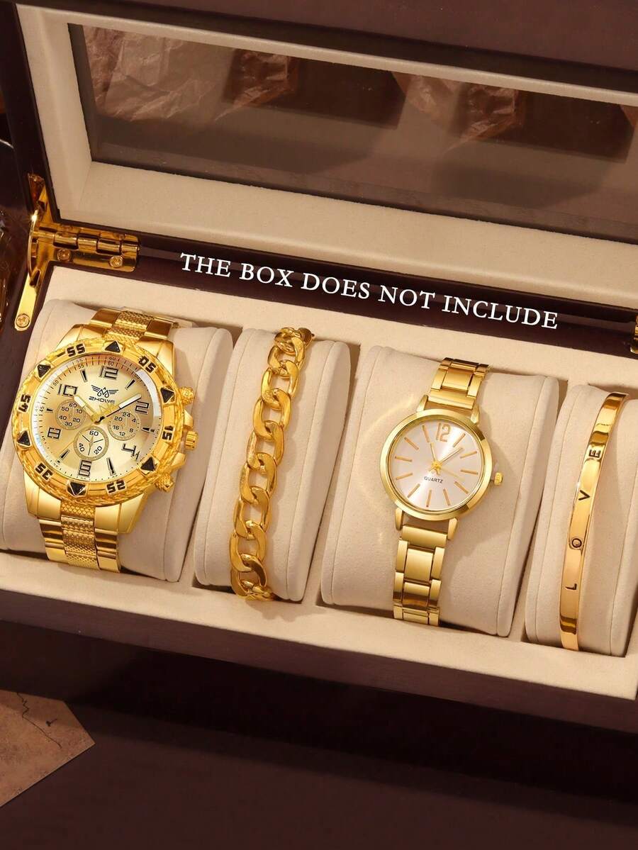 4 件时尚百搭休闲男女情侣手表，休闲钢带石英表，搭配链条手链首饰组合套装，情侣礼品套装，适合日常、节日、婚礼佩戴、送礼