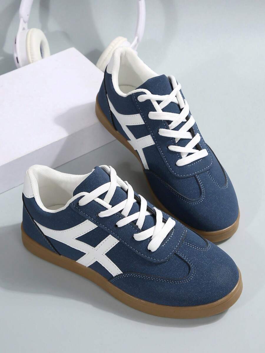 女士时尚新款春秋圆头户外休闲运动鞋，几何拼接条纹粉色运动鞋，舒适柔软休闲鞋，滑板鞋，白色运动鞋 - 藍色 - 查看 1