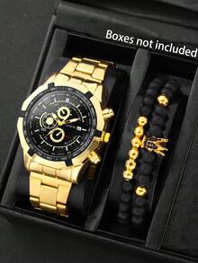 3pcs/Set Men's Oversized Dial Quartz Watch With Alloy Band, Suitable For Business, Sports, Daily Wear, And Beaded Crown Bracelet