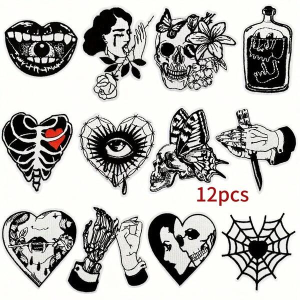 Set de 12 parches bordados con calavera gótica de estilo oscuro para planchar o coser en ropa, chaquetas, jeans, bolsos, sombreros, zapatos y accesorios. Adornos de moda creativos, regalo de Navidad perfecto.