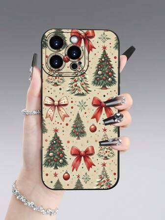 1 pieza Funda de teléfono con diseño de árbol de Navidad y lazo, con borde elevado para la cámara y protección de bordes de TPU, compatible con iPhone 16/15/14/13/12/11 Pro Max y compatible con la serie Galaxy S25/S24/S23/S21 y A54/A53/A52/A34/A15, regalo lindo para amigos, familia, parejas, cumpleaños