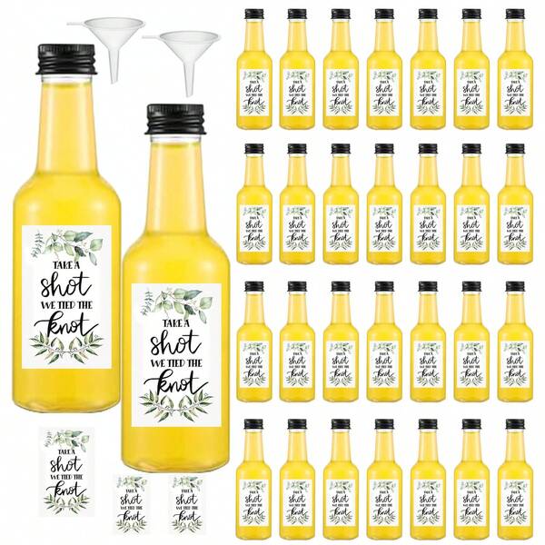 32/4pcs 25ML-50ML Mini Wedding Liquor Bottles,Beverage Dispensing Bottle,Clear Plastic Juice Bottles,With Golden,Silvery And Black Screw Caps,And With "Take A Shot We Tied The Knot " Labels,For Wedding Party Favors Party Supplies,Wedding Receptions, Birthday Parties, Bridal Showers, Party Essentials
