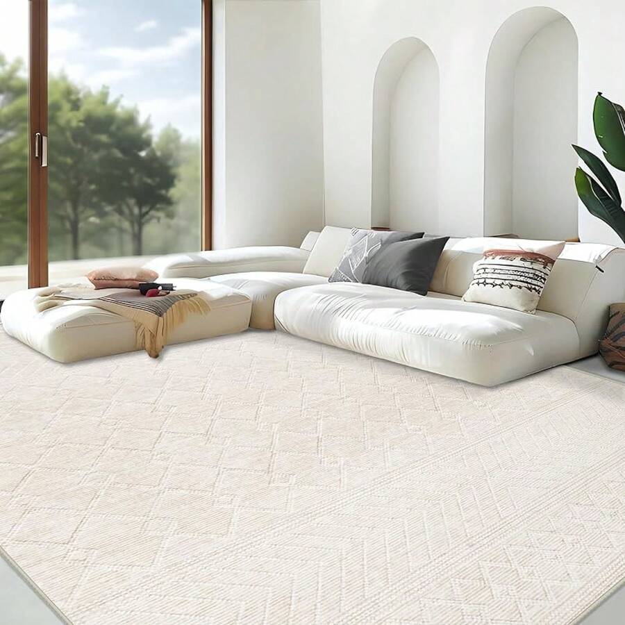 Large Washable 6x9 Area Rug: Boho Moroccan Geometric Neutral, Non-Slip Foldable Indoor Floor Carpet For Living Room, Bedroom, Dining Table - Beige, 6X9 - 現代米色 - 查看 1