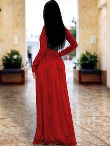 Vestido Largo Escote Cruzado con Abertura Frontal Elegante Manga Larga Entallado Corte Fluido Ajuste Favorecedor Estilo Femenino Casual y Elegante Ropa de Mujer Vestidos Largos - Rojo - Ver 3