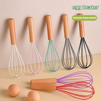 Batedor de ovos portátil com cabo de madeira para cozinha, ferramenta para misturar creme de confeitaria caseiro, bastão para misturar líquidos
