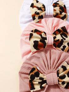 3pcs Baby Ribbed Leopard Print Bow Headband & Hat Set, Comfortable & Breathable Fabric For Everyday Use - Multicolor - View 3