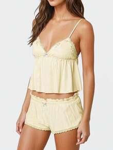 Women's Summer Pajamas Set Stylish Embroidery Lace Trim Camisole Tops With Shorts Lounge Wear 2 Pcs Set - Màu vàng - Xem 2