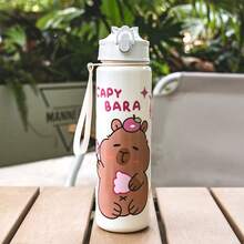 1pc Cute Water Bottle With Water Vole/Capybara Theme Print, 23oz Plastic Sports Water Bottle With Lid, Straw And Lanyard, Portable For Outdoor Sports, Hiking, Travel, Camping, Holiday & Halloween Gifts