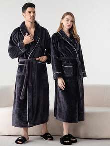1PC Winter-Spring Thick Version Men's And Women's Bathrobe, Solid Color Simple Long Style With Pockets, Suitable As Halloween/Valentine's Day Gifts,Thickened,Flannelette,FlannelWarm Winter Decora