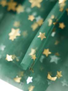Women's Christmas Sleeveless Dress Tie Shoulder Strap Star Print Tiered Cake A-Line Tulle Dress - Green - View 8