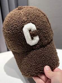 1件中性款純色字母C刺繡毛絨保暖學生街頭時尚羊羔絨蓬鬆彎帽簷爸爸帽棒球帽，適合情侶戶外運動，秋冬款 - 多色 - 查看 15