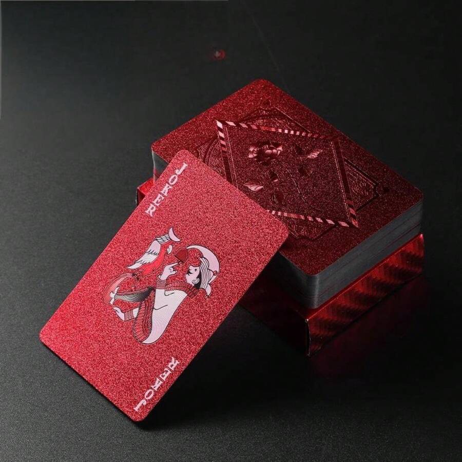 Color Poker Cards(Red/Black/Silver) Plastic Waterproof Playing Cards, Deck Of Cards,Women's Pool Poker Cards,Suitable For Family Gatherings And Beach And Swimming Pool Party Poker Card - 紅色 - 查看 1